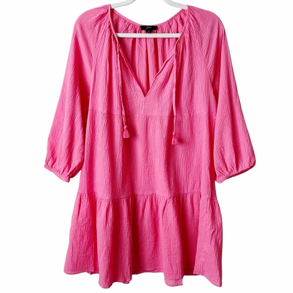 J. Crew | Tiered Beach Tunic Crinkle Cotton Swim Coverup Hibiscus Pink Medium - Picture 3 of 8